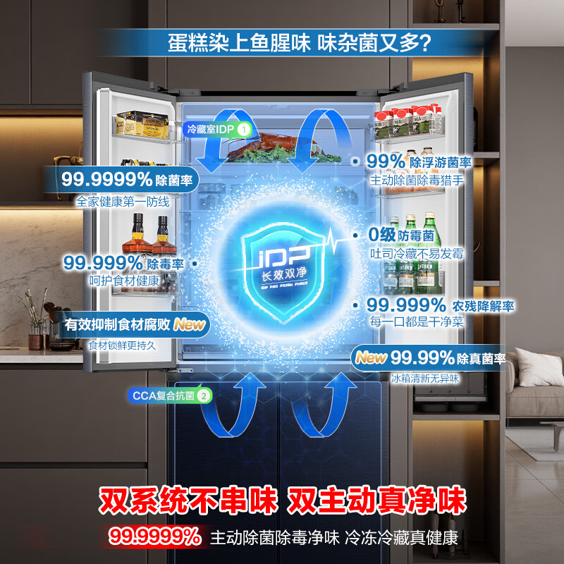 Rongsheng 507-liter dual-system ultra-thin zero-embedded refrigerator cross-open four-door bottom cooling household IDP active sterilization first-level energy-saving efficiency dual-frequency air-cooled frost-free 507 cross-door dual system + zero embedded