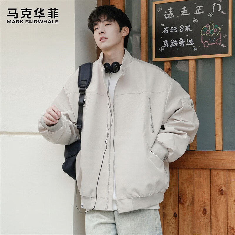MARK FAIRWHALE Jacket Men's Winter Aviator Jacket Men's Trendy Brand Baseball Uniform Casual Versatile Men's Clothing Off-White XL