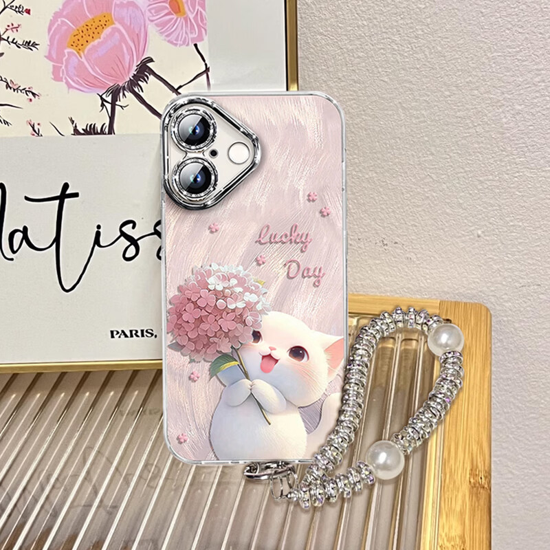 Shihan comes with lens film, suitable for Apple 17 mobile phone case, iphone17 protective cover, all-inclusive lens, anti-fall internet celebrity, advanced creative men's and women's feather yarn shell, hydrangea cat with bracelet