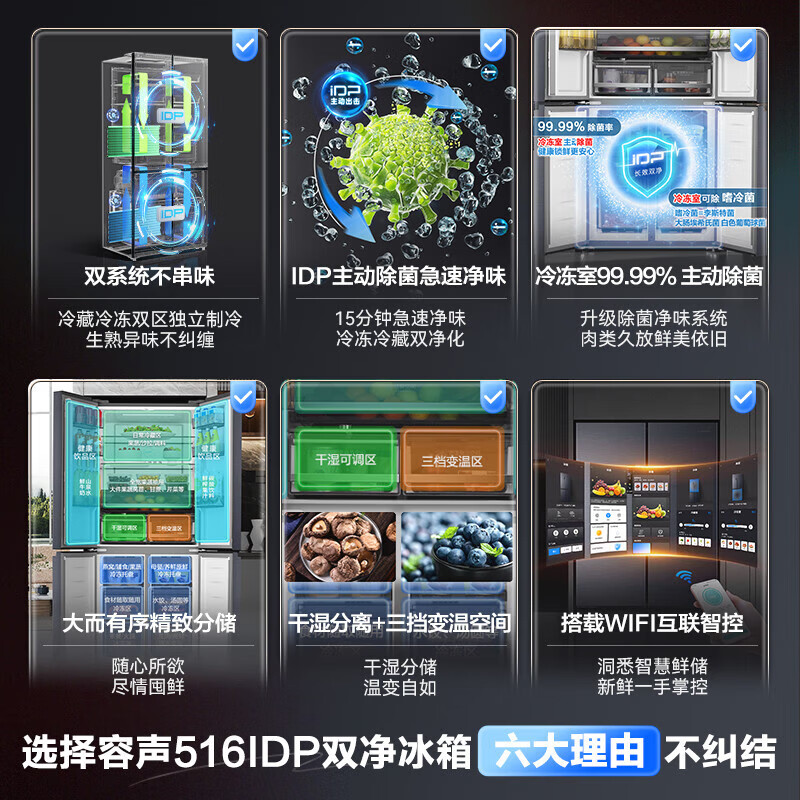 Rongsheng 516 liter dual purifier dual system cross-fold four-door refrigerator household first-class energy efficiency air-cooled frost-free BCD-516WD1FPA gray national subsidy 20% (grey) new product 516+IDP negative ion sterilization, detoxification and odor + dual system