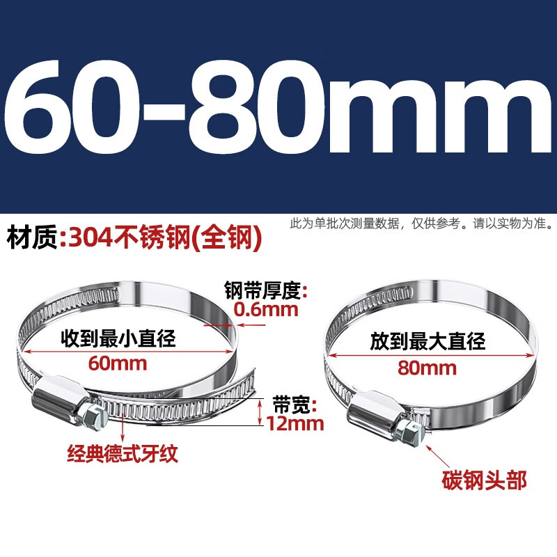 Tianzhuo Hardware German hose hoop semi-steel/201/304 stainless steel clamp quick-installation hoop anti-rust pipe clamp fixed clamp width 12mm304 all steel 60-80mm 2 pieces