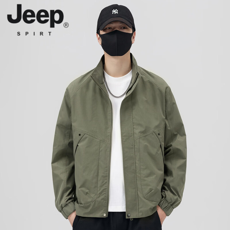JEEP SPIRIT Men's Jacket Spring and Autumn 2026 New Trendy Brand Stand Collar Loose Casual Men's Top Work Jacket Men's Spring Green L (Recommended 110-130 catties)