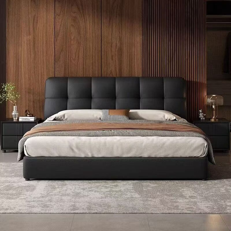 Xinchuangmei Puff Bed Genuine leather bedside cowhide suspended home with hydraulic drawer storage master bedroom double bed thickened lattice frame (multiple colors available) steel wood lattice frame puff bed 1800*2000 (frame style)