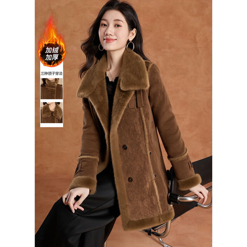 Kebel Maillard wind plus velvet thickened imitation fur coat for women winter 2025 new environmentally friendly fur mid-length coat L