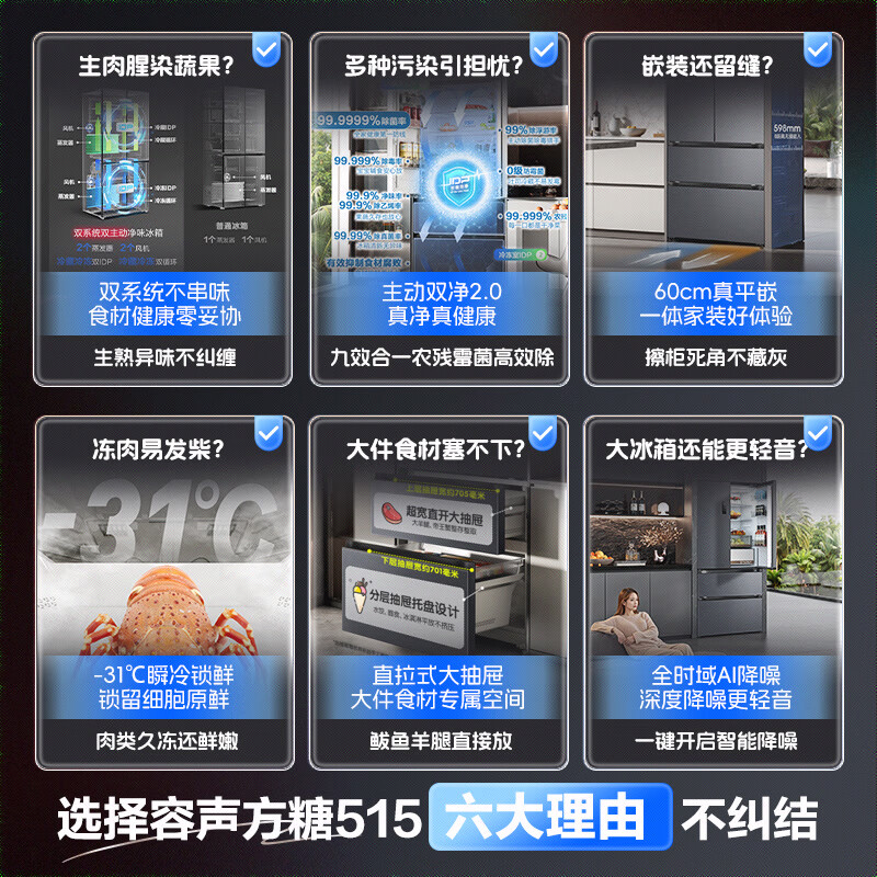 Rongsheng Cube 515L French multi-door refrigerator dual system ultra-thin zero-embedded active sterilization first-level energy efficiency frost-free gray BCD-515P60FZMAD National Subsidy World Cup