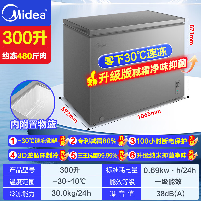 Midea 300 liters or above freezer household small freezer large capacity freezer commercial - 40 degree seafood special cabinet cryogenic quick freezer single temperature horizontal tea refrigerator freezer 300 liters upgraded antibacterial and odor-free automatic frost reduction -30