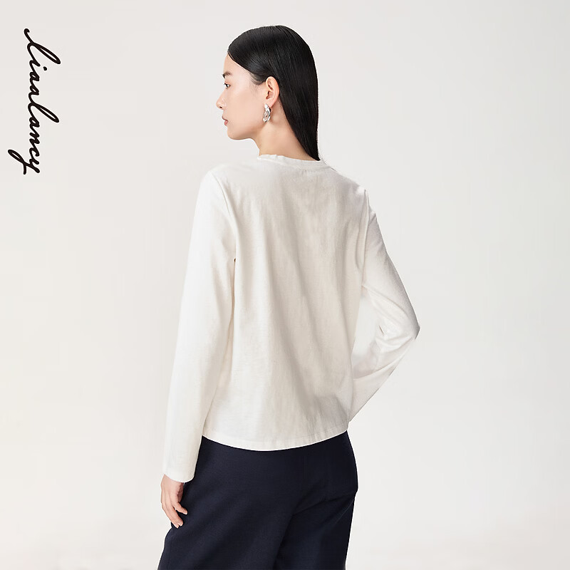 LANCY/LANCY Horse Stepping on the Spring Breeze 2026 Spring New Cotton and Linen Simple Versatile Round Neck Long Sleeve Short T-shirt for Women White M