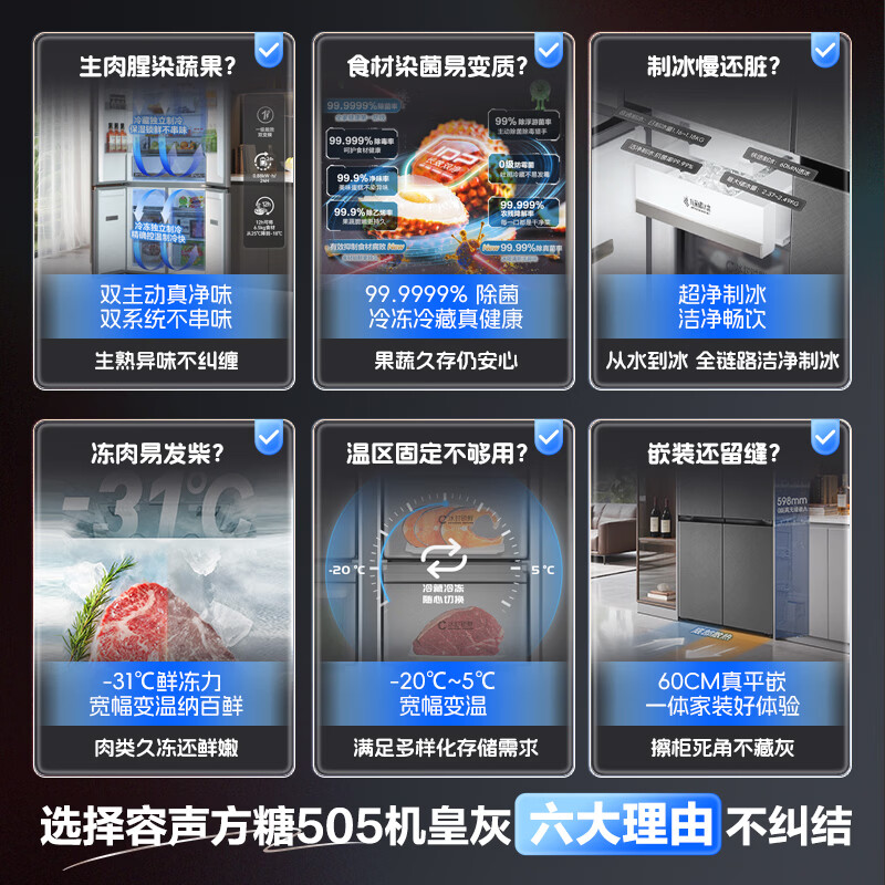 Rongsheng World Cup Customized Sugar Cube 505L Royal Cross Door Refrigerator Dual System Ultra-Thin Embedded Level One Energy Efficiency Automatic Ice Making BCD-505P60CZNAD National Subsidy BCD-505P60CZNAD Gray National Subsidy