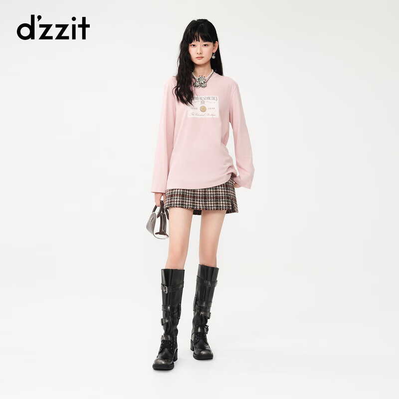 DZZIT long-sleeved T-shirt 2026 spring new style simple retro printed round neck loose top for women 3K1BA079J light khaki XS