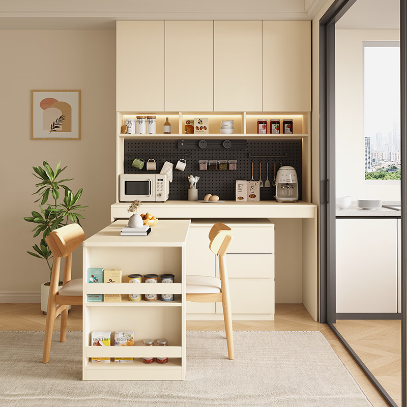 Customized solid wood sideboard by Gogezhijia, retractable built-in dining table, retractable wall-mounted integrated mid-century style living room tea storage cabinet 2.2*2.0 (six doors) + 1.3m dining table, free perforated board and double-hole track socket by default