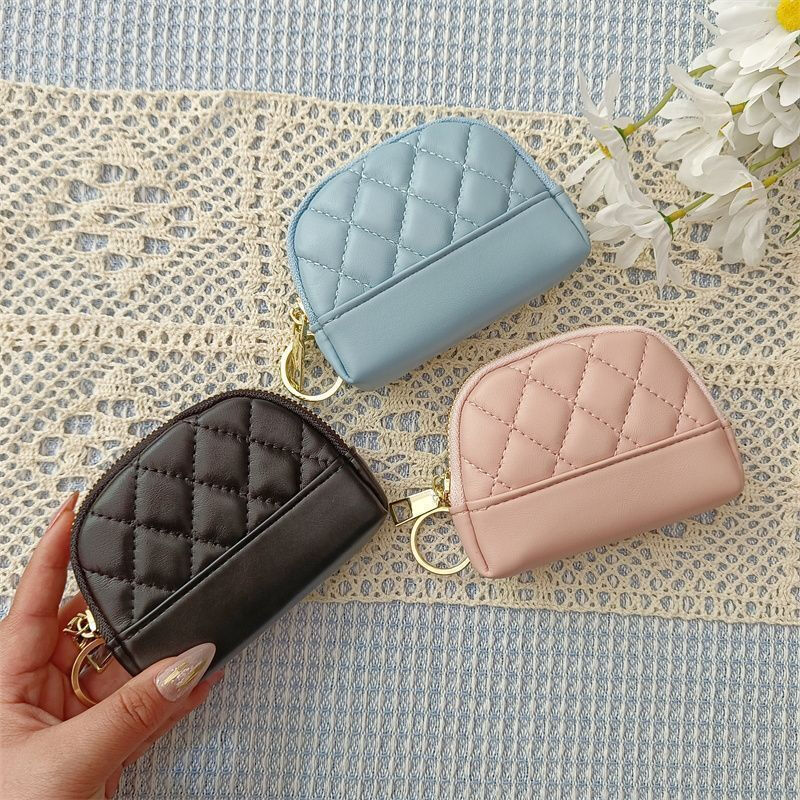 Yunluo compact coin purse for women 2025 new Korean style simple embroidery rhombus zipper card holder mini storage bag key bag white selected flexible leather thickened and wear-resistant