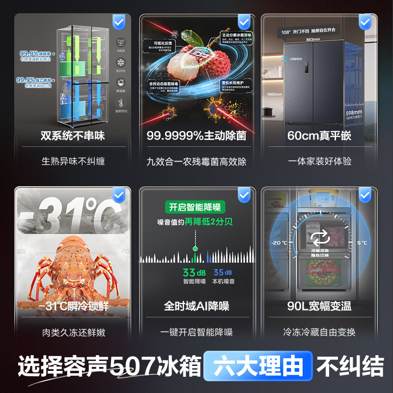 Rongsheng 507-liter dual-system ultra-thin zero-embedded refrigerator cross-open four-door bottom cooling household IDP active sterilization first-level energy-saving efficiency dual-frequency air-cooled frost-free 507 cross-door dual system + zero embedded