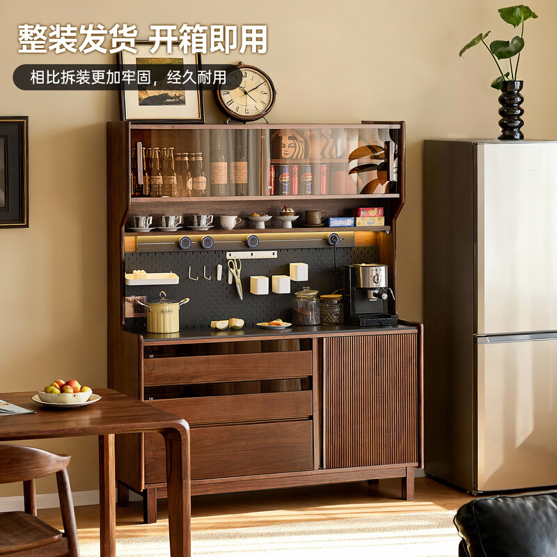 Zhidian North American black walnut sideboard small apartment high cabinet integrated wall solid wood narrow tea cabinet living room storage cabinet 1.5m rock slab e-commerce model