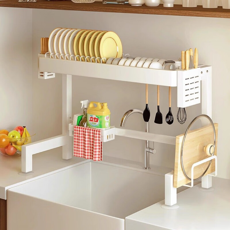 Fat Donglai's same style kitchen storage rack, countertop storage rack, drain rack, multi-functional multi-layer storage rack, simple storage of sundries, top list, stable carbon steel, milky white, suction cup foot pads included, basic model, 55cm single layer, provided with hooks