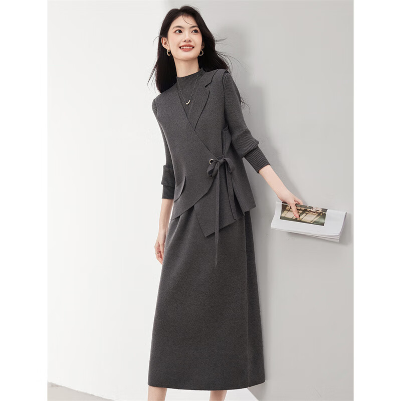 Xinfeiyu fashionable temperament knitted sweater vest suit for women 25 autumn and winter new versatile bottoming dress two-piece set