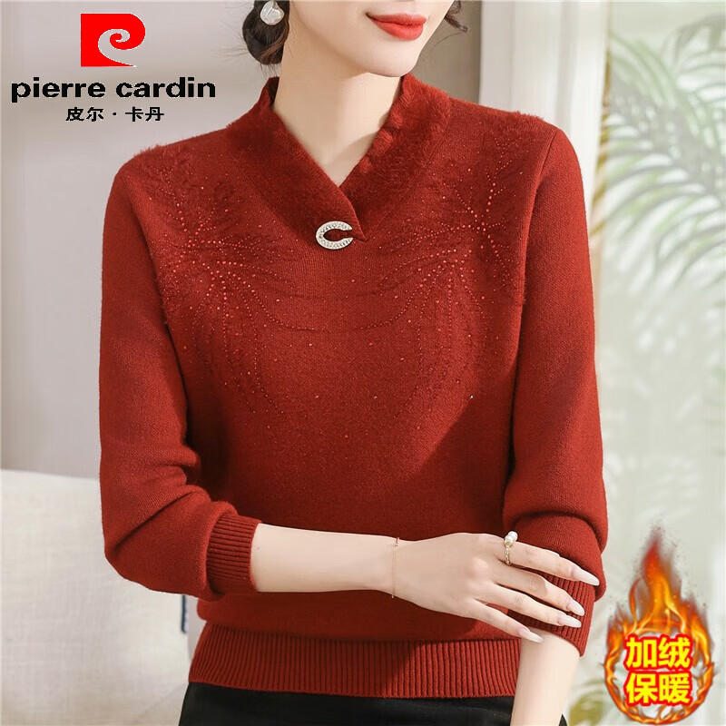 Pierre Cardin mother's winter velvet sweater all-in-one velvet bottoming shirt for middle-aged and elderly plus size women autumn and winter new thickened inner top burgundy XL (recommended 110-125 pounds)