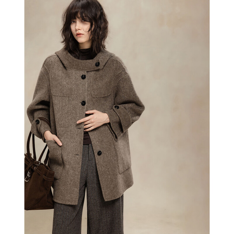 Demana Sheep Wool Camel Blended Winter Urban Simple Quiet Luxury Hooded Stand Collar Loose Double-sided Wool Coat