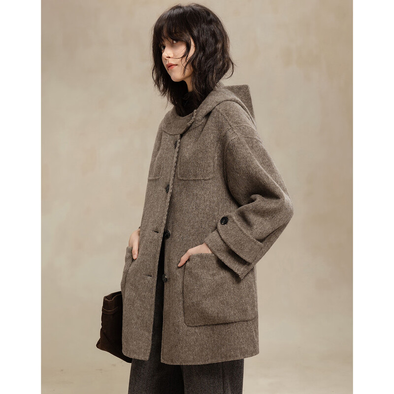 Demana Sheep Wool Camel Blended Winter Urban Simple Quiet Luxury Hooded Stand Collar Loose Double-sided Wool Coat