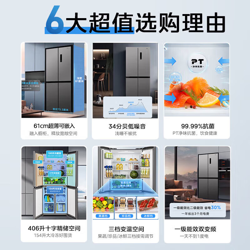 Hualing Refrigerator Midea produces 426/525 cross double-door bi-fold multi-door ultra-thin refrigerator with large capacity to preserve freshness and clean taste air-cooled first-class energy efficiency dual frequency conversion HR-426WSP Cross 426|Ultra-thin and clean taste|Hot-selling TOP