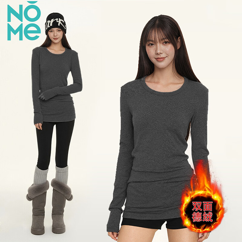 NOME German velvet long-sleeved T-shirt women's autumn and winter round neck warm inner fit slim waist mid-length bottoming shirt top smoke gray XL
