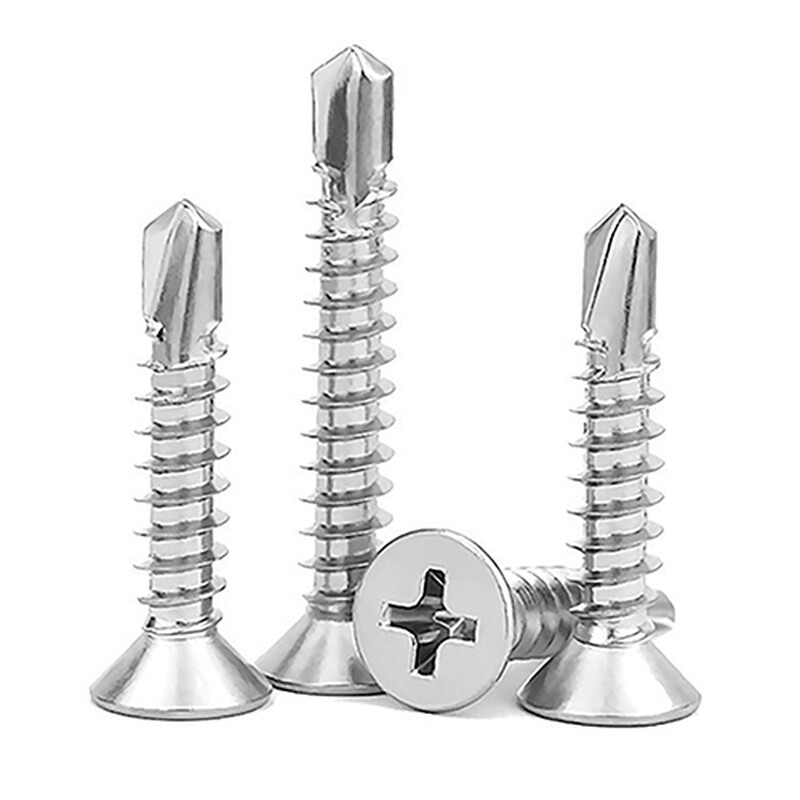 410 stainless steel flat head cross drill tail screw self-tapping self-drilling metal fixed cross recessed design dovetail screw 410 flat head cross drill tail 4.2*50 (50 pieces)