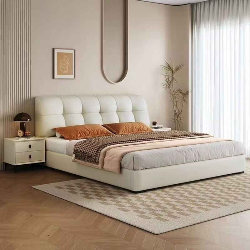 Xinchuangmei Puff Bed Genuine leather bedside cowhide suspended home with hydraulic drawer storage master bedroom double bed thickened lattice frame (multiple colors available) steel wood lattice frame puff bed 1800*2000 (frame style)