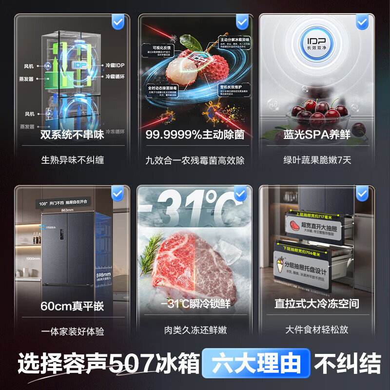 Rongsheng 507-liter IDP2.0 purifying dual system French multi-door four-door ultra-thin zero-embedded refrigerator household first-class energy efficiency national subsidy BCD-507E30FZLAD French door