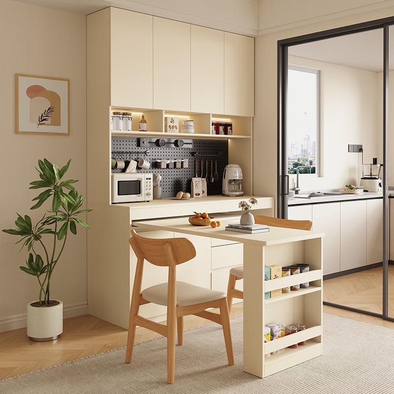 Customized solid wood sideboard by Gogezhijia, retractable built-in dining table, retractable wall-mounted integrated mid-century style living room tea storage cabinet 2.2*2.0 (six doors) + 1.3m dining table, free perforated board and double-hole track socket by default