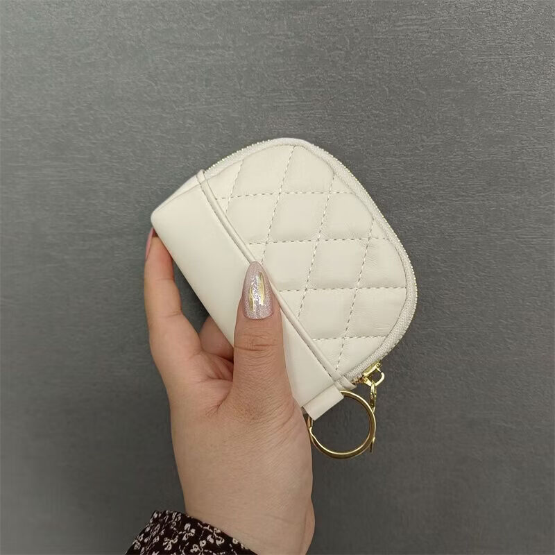 Yunluo compact coin purse for women 2025 new Korean style simple embroidery rhombus zipper card holder mini storage bag key bag white selected flexible leather thickened and wear-resistant