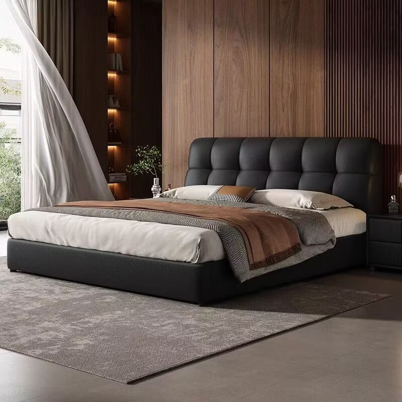 Xinchuangmei Puff Bed Genuine leather bedside cowhide suspended home with hydraulic drawer storage master bedroom double bed thickened lattice frame (multiple colors available) steel wood lattice frame puff bed 1800*2000 (frame style)