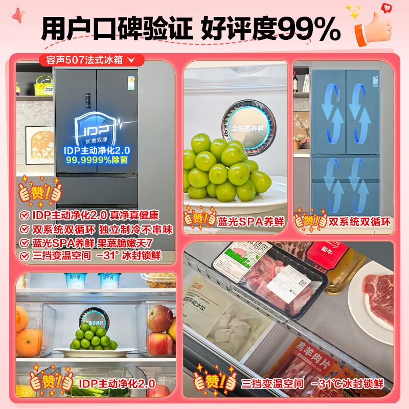 Rongsheng 507-liter IDP2.0 purifying dual system French multi-door four-door ultra-thin zero-embedded refrigerator household first-class energy efficiency national subsidy BCD-507E30FZLAD French door
