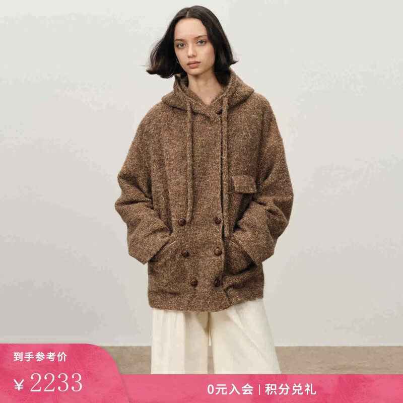 Fabrique Warm Brown Mixed Color Sheep Wool Double-Breasted Hooded Profile Wool Short Coat 2025 Winter Warm Brown Mixed Color XS