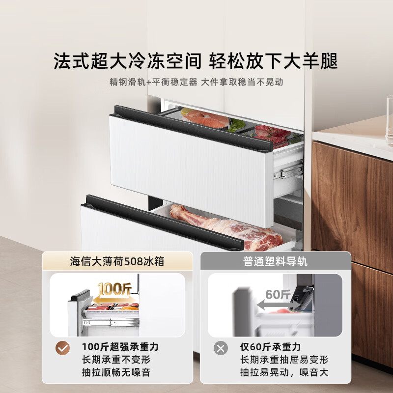 Hisense Big Mint 508 ultra-thin zero-embedded refrigerator four-door French style first-class energy efficiency air-cooled frost-free World Cup customized refrigerator BCD-508S3FZKQD national subsidy DBD automatic sterilization | Big Mint 508 French style