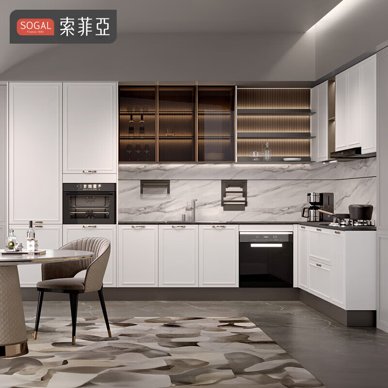 Sophia Cabinet European simple kitchen cabinet quartz stone stove cupboard integrated cabinet kitchen storage furniture customization 7m package (3m base cabinet + 3m countertop + 1m wall cabinet)