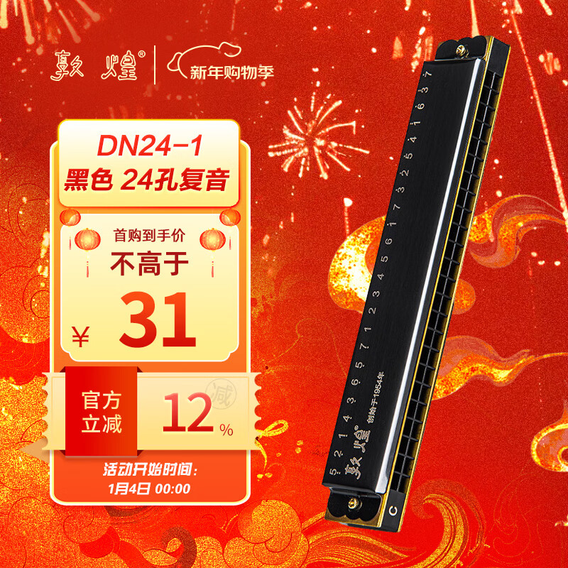 Dunhuang 24-hole polyphonic harmonica DN24-1 black, recommended for adult beginners, C key, entry-level performance