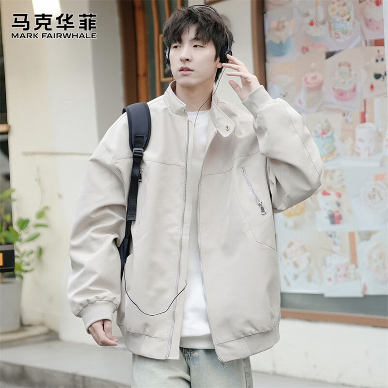 MARK FAIRWHALE Jacket Men's Winter Aviator Jacket Men's Trendy Brand Baseball Uniform Casual Versatile Men's Clothing Off-White XL