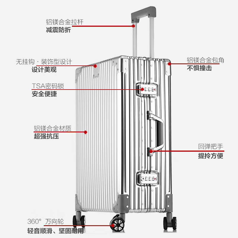 World Geographic German Aluminum Magnesium Alloy Luggage Men's and Women's Metal Trolley Case Business Travel Boarding Case Luggage Password Box Aluminum Magnesium Alloy-Luxury Silver 24 Inches-Golden Size for Travel/Mid-to-Long Distance Travel