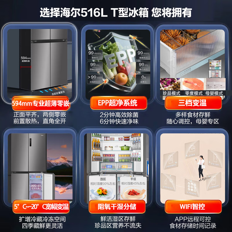 Haier refrigerator, ultra-thin and zero built-in, cross-shaped four-door, first-class energy efficiency, double frequency conversion, large capacity, bottom cooling, small red flower, household French style multi-door, 15% subsidy for home appliances, 90.5 cm wide, dark color, limited time replacement only, no repair, depth 60 cm