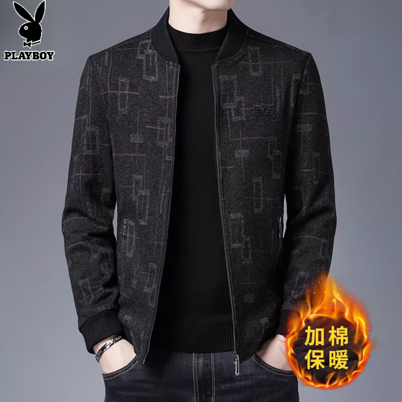 Playboy (PLAYBOY) men's velvet thickened woolen jacket autumn and winter new casual winter wear cotton warm jacket top dad wear BSN8861 coffee color (cotton) thickened 2XL 185