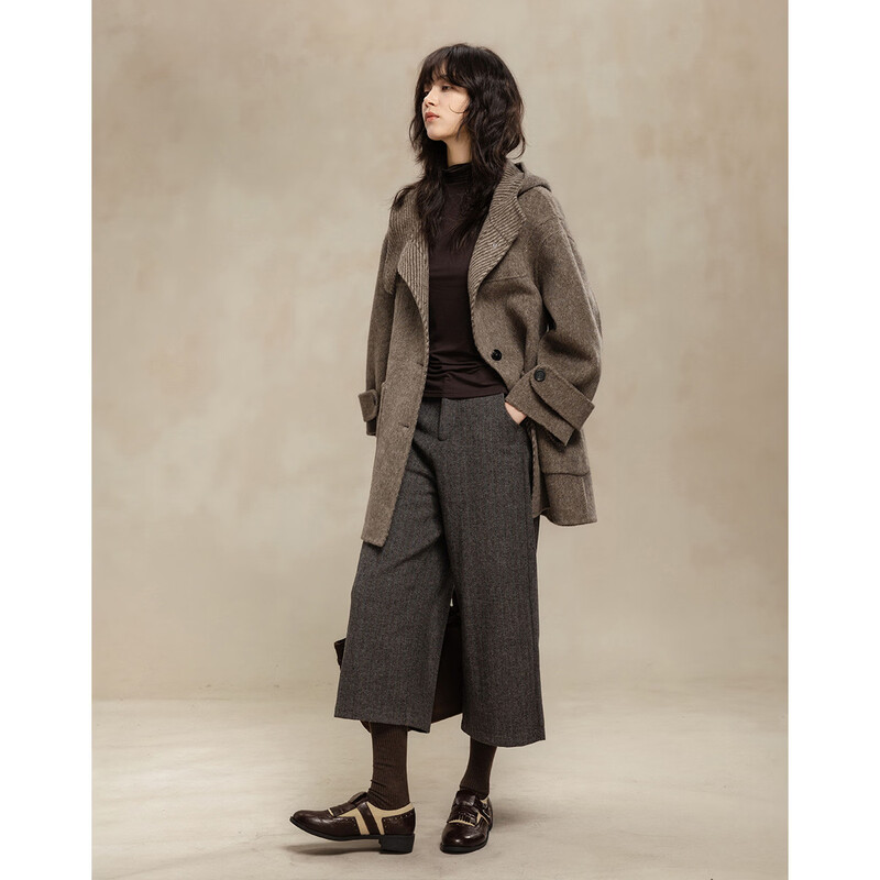 Demana Sheep Wool Camel Blended Winter Urban Simple Quiet Luxury Hooded Stand Collar Loose Double-sided Wool Coat