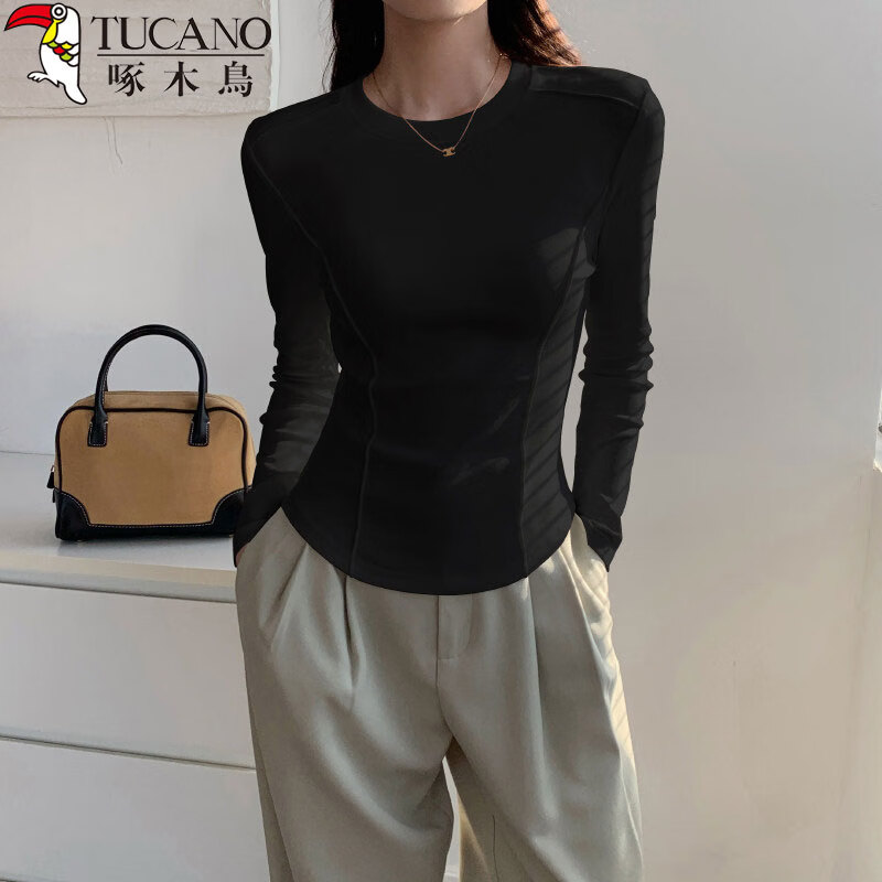 Woodpecker long-sleeved t-shirt bottoming shirt for women pure cotton inner wear spring and autumn 2026 new style right shoulder slim waist top white M