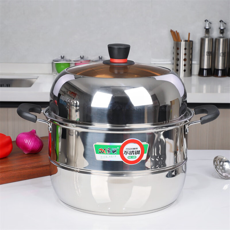 Jiaxing composite bottom stainless steel double grate steamer thickened double layer large steamer cooking pot stew soup pot 2 grates steaming rice dumpling steamer Jiaxing composite bottom double grate steamer 2 layers 30cm