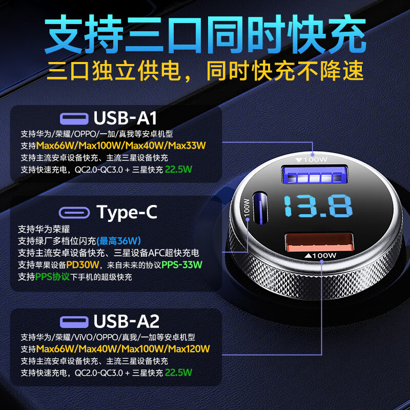 Newman (Newsmy) car charger 100w super fast charging one to three cigarette lighter conversion plug usb interface car charger Type-c high power suitable for OPPO Huawei Xiaomi Apple 16/17