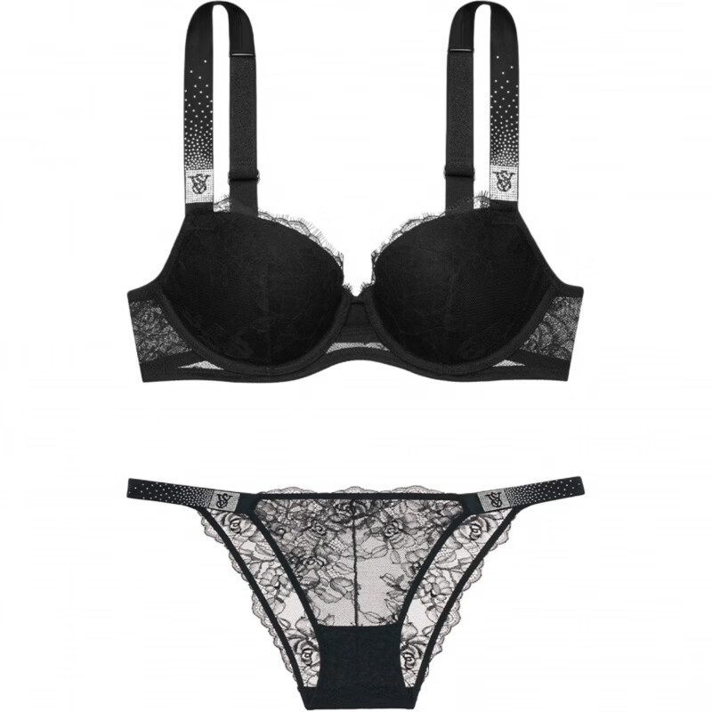 Victoria's Secret Letter V-shaped fixed double strap bra low-waist triangle underwear set for women Suit (Black) M 34C+(75C+M)