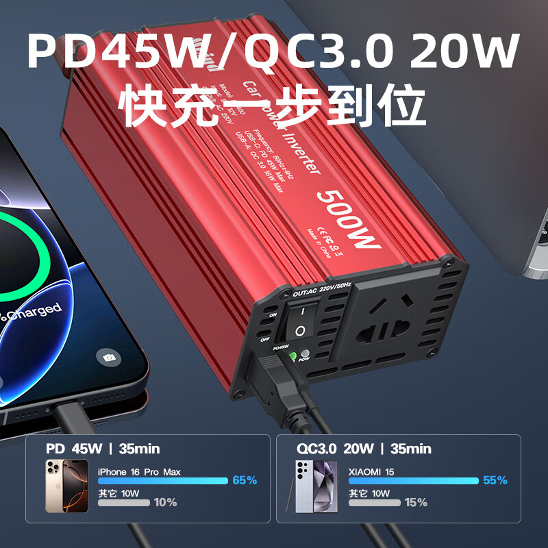 Meind car inverter 12V to 220V charger super fast charging bottle car car cigarette lighter converter 500W