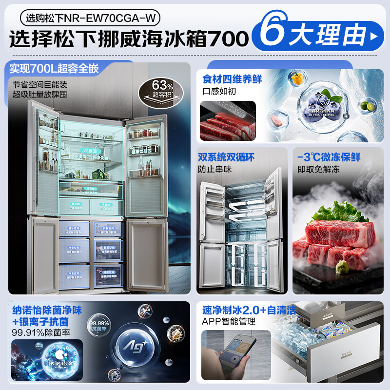 Panasonic Norwegian Sea 700L cross-door refrigerator double-door household fully embedded dual-system air-cooled frost-free first-level energy efficiency NR-EW70CGA-W national subsidy