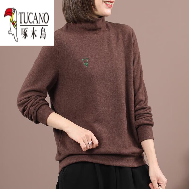 Woodpecker (TUCANO) turtleneck German velvet bottoming shirt autumn and winter 2026 new outer wear long-sleeved T-shirt women's inner wear plus size top dark gray XL recommended 115-130 pounds