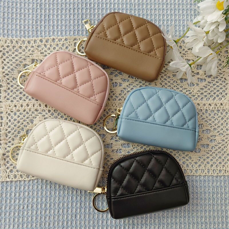 Yunluo compact coin purse for women 2025 new Korean style simple embroidery rhombus zipper card holder mini storage bag key bag white selected flexible leather thickened and wear-resistant