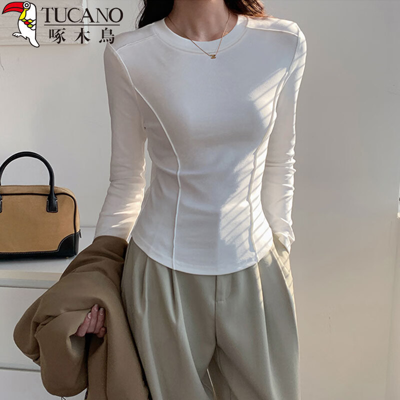 Woodpecker long-sleeved t-shirt bottoming shirt for women pure cotton inner wear spring and autumn 2026 new style right shoulder slim waist top white M