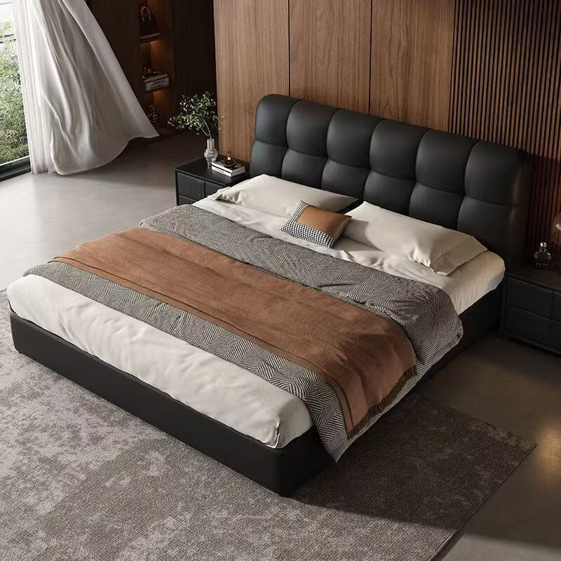 Xinchuangmei Puff Bed Genuine leather bedside cowhide suspended home with hydraulic drawer storage master bedroom double bed thickened lattice frame (multiple colors available) steel wood lattice frame puff bed 1800*2000 (frame style)